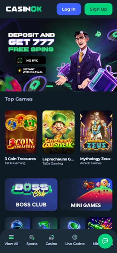 CasinOK mobile home page 777 free spins